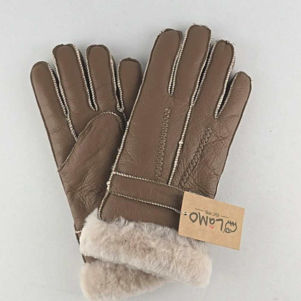 NWT LAMO Women's 100% Australian Sheepskin Taupe Leather Gloves Stitches L